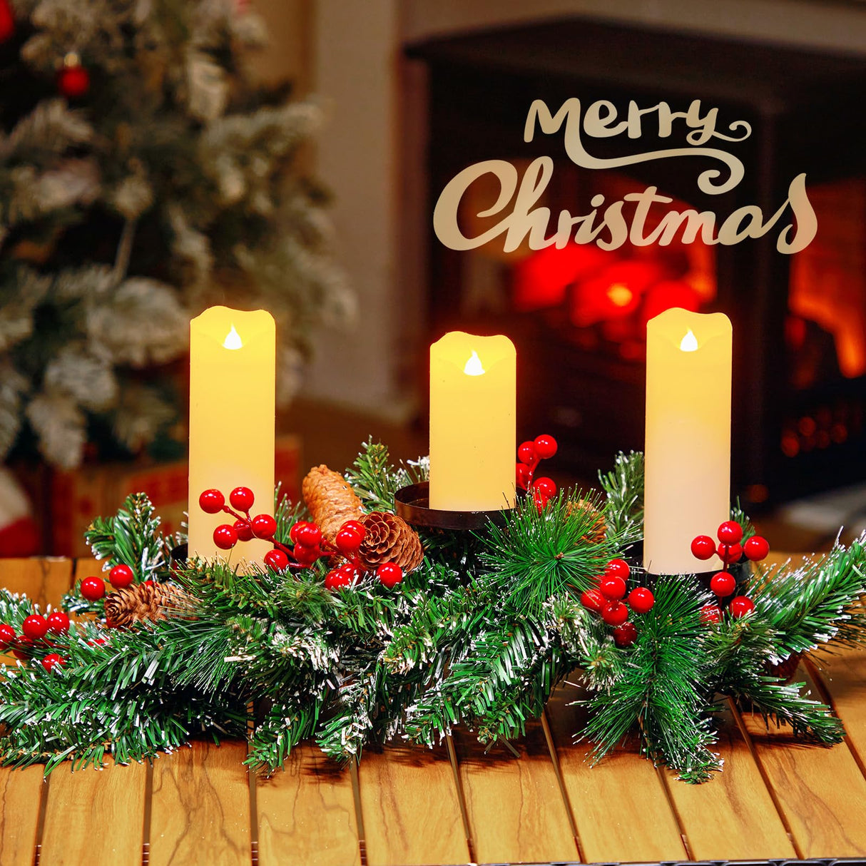 Brightown 20.5“ Iron Christmas Candle Holder, Pine Needles, Red Berries, Gold Balls and Golden Branches Tabletop Decoration with 3 Candle Holders for Christmas Home Decoration Brightown