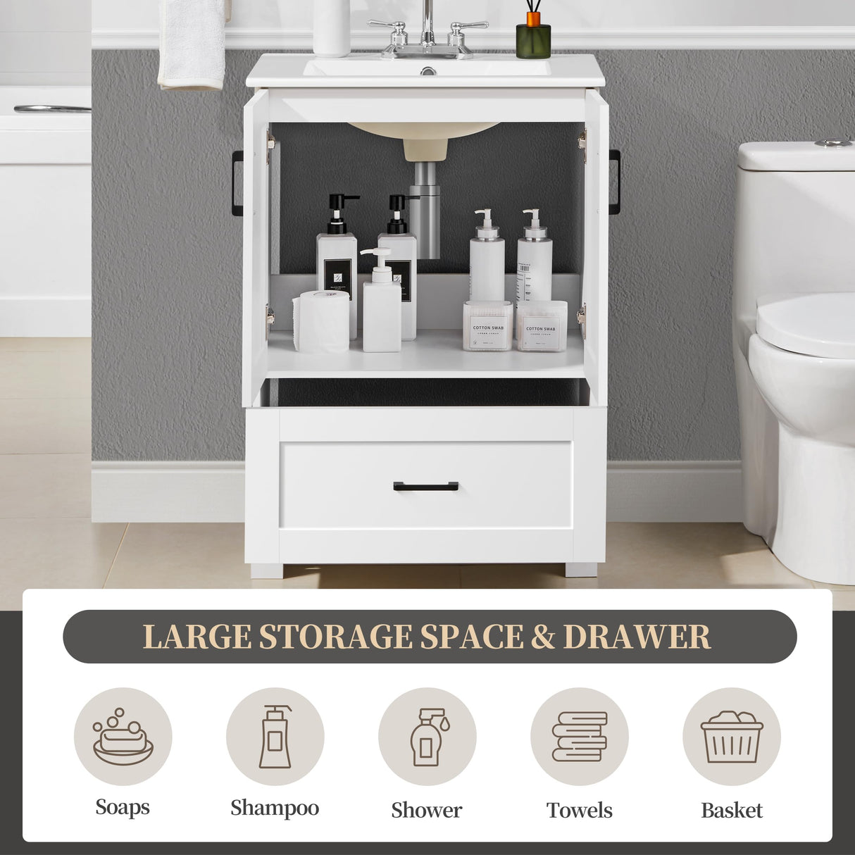 Yaheetech 24.5" Modern Bathroom Vanity with Ceramic Basin, Undermount Bathroom Vanity Sink Cabinet with 2 Doors and 1 Drawer, Free Standing Bathroom Storage Cabinet with Sink Combo Set, White Yaheetech