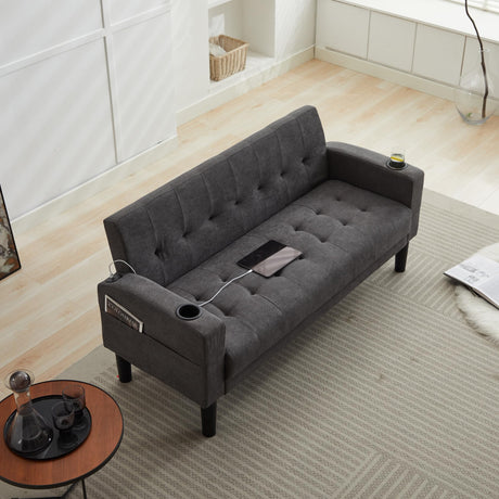 TYBOATLE 62 Inch Linen Upholstered Tufted Mid-Century Modern Loveseat Sofa w/ 2 USB Charger Ports and 2 Cupholders, Small Love Seat Couches for Living Room, Bedroom, Apartment, Dorm (Dark Grey) TYBOATLE