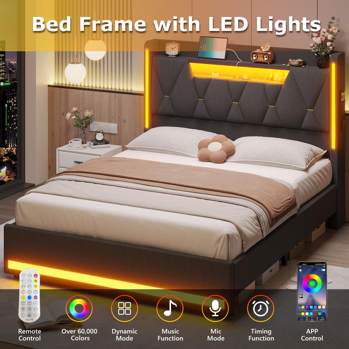 busyaeh Queen Bed Frame with Storage Headboard, Metal Bed Frame with LED Lights & Charging Station, Upholstered Queen Bed with Marshmallow Headboard, No Box Spring Needed, Easy Assembly，Dark Gray busyaeh