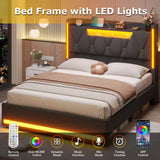 busyaeh Queen Bed Frame with Storage Headboard, Metal Bed Frame with LED Lights & Charging Station, Upholstered Queen Bed with Marshmallow Headboard, No Box Spring Needed, Easy Assembly，Dark Gray busyaeh