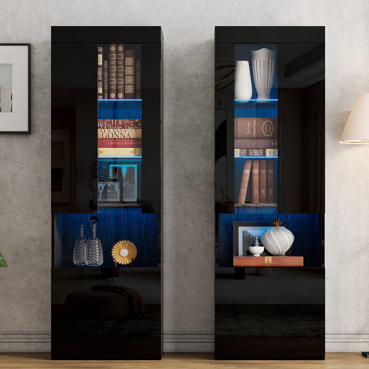 AMERLIFE High Gloss Living Room Entertainment Center with LED Lights, Including Floating Fireplace TV Stand with 36" Electric Fireplace & 2 Bookcases with Glass Doors, Black AMERLIFE