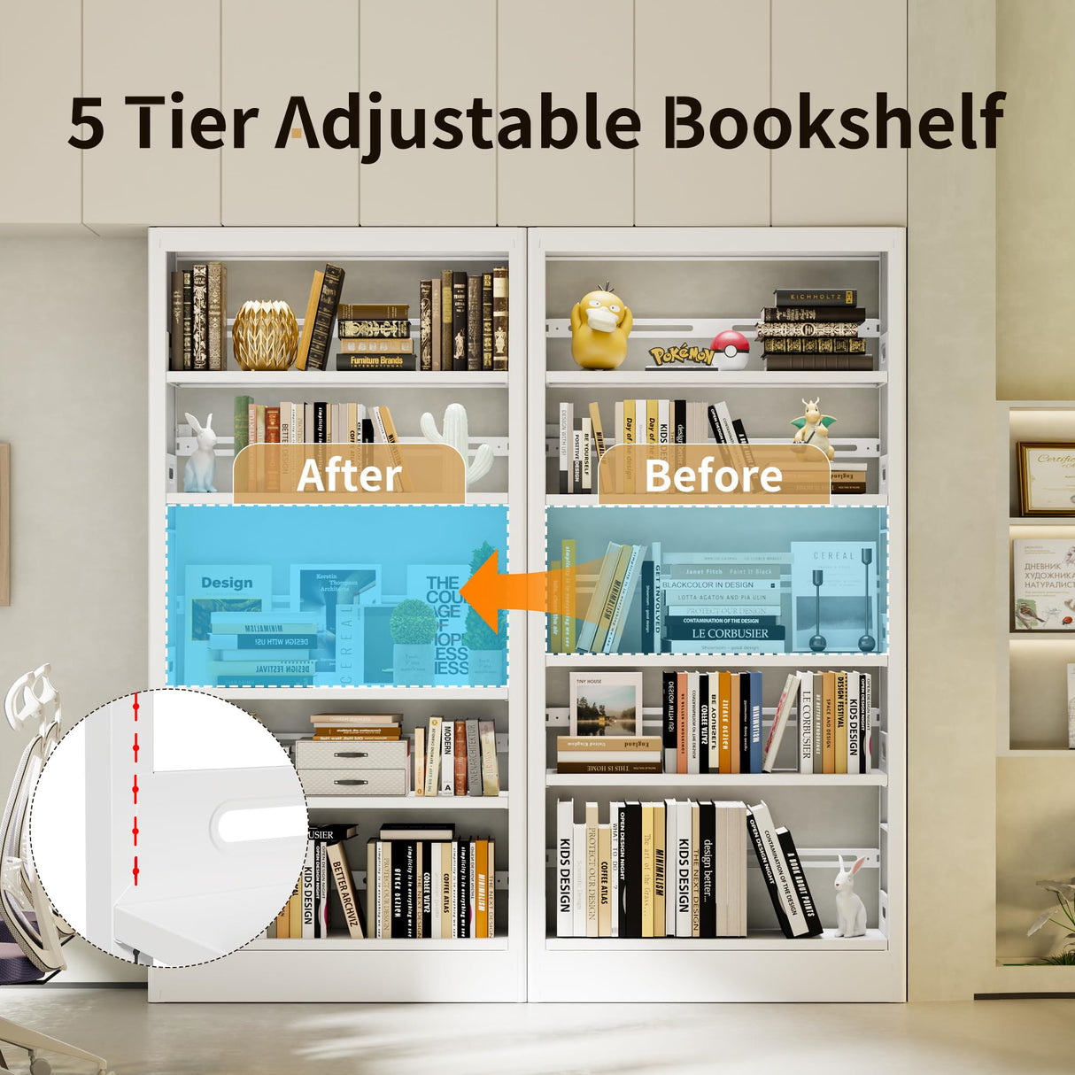 POKOKE 70.9" H Metal Bookshelf, Adjustable Bookcase, 5-Tier Heavy Duty Bookshelf with Bookend, Tall Bookshelves, Bookcase Shelf for Living Room, Office, Library,Classroom (White-37.4W) POKOKE