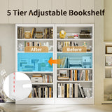 POKOKE 70.9" H Metal Bookshelf, Adjustable Bookcase, 5-Tier Heavy Duty Bookshelf with Bookend, Tall Bookshelves, Bookcase Shelf for Living Room, Office, Library,Classroom (White-37.4W) POKOKE
