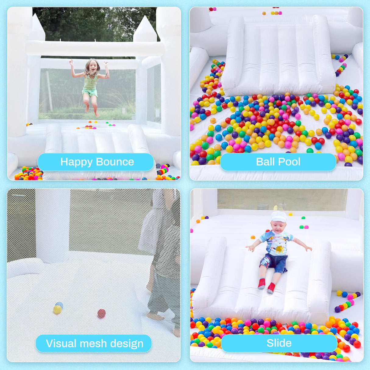 Inflatable White Bounce House for Kids with UL Blower-Portable, Large Ball Pool and Jump Space 3in1 Bouncy Castles A Spacious Joy-Room Bounce House for Kids 3-12 (Oxford material-13' L X 8' W X 8' H) Cessbong