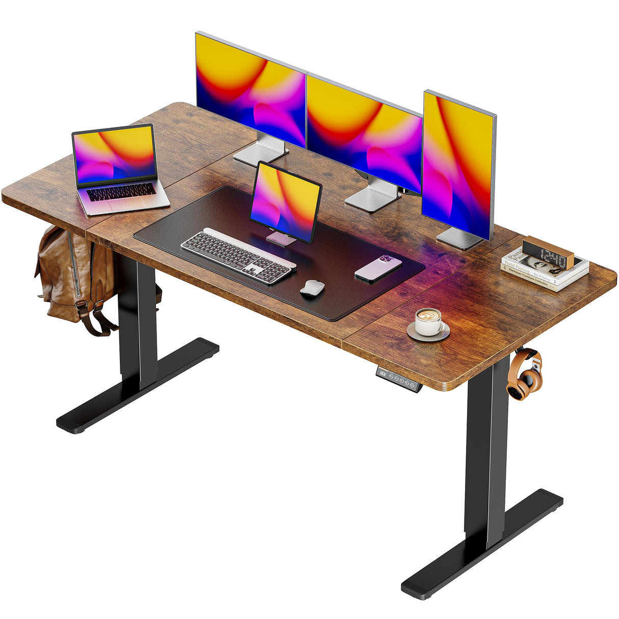 Huuger 55 x 28 Large Electric Standing Desk, Height Adjustable Computer Desk, 27.6" Deep Desktop, Stand up Gaming Office Desk with 2 Hooks, 3 Preset Heights, for Home Office, Rustic Brown Huuger
