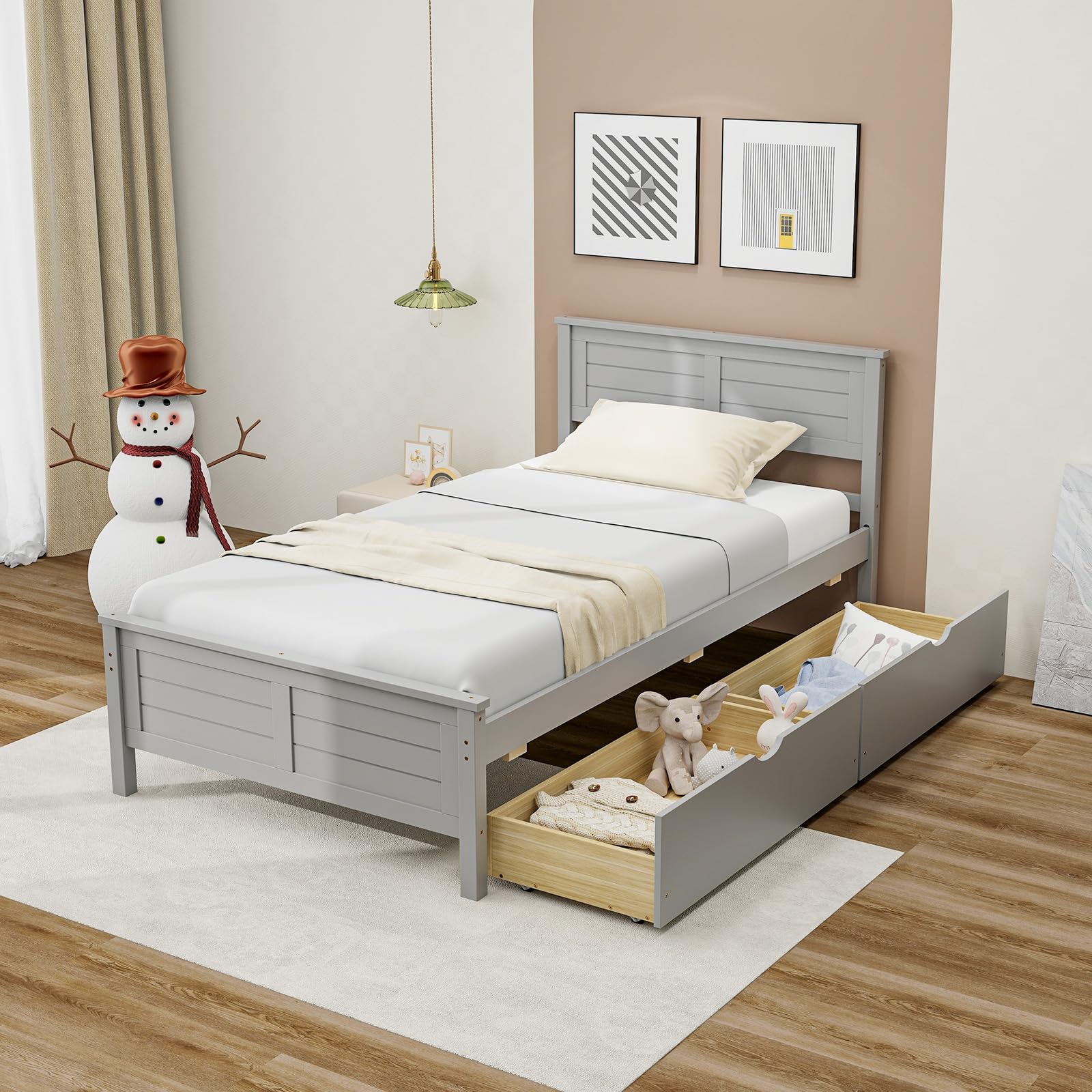 Giantex Grey Twin Platform Bed with 2 Storage Drawers and Solid Wood Headboard - WoodArtSupply