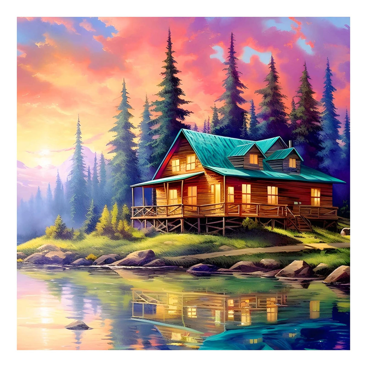 SJUTOUCI Diamond Painting Kits for Adults, Landscape Diamond Art Kits for Beginners, 5D DIY Full Drill Gem Craft Art for Home Decor 12x12 inch, Cabin by The Lake SJUTOUCI