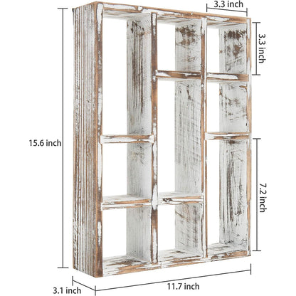 MyGift 9 Compartment Shabby White Washed Solid Wood Shadow Box, Wall Mountable Curio Display Case, Freestanding or Floating Shelf for Collectible Figurines, Succulents