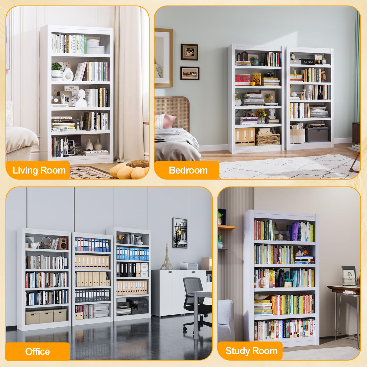 RGGCABINET Metal Bookshelf, 5-Tier Bookcase with Adjustable Storage Shelves, White Book Shelf with Book Stopper, Modern Bookshelf for Living Room, Library, Home, Office RGGCABINET