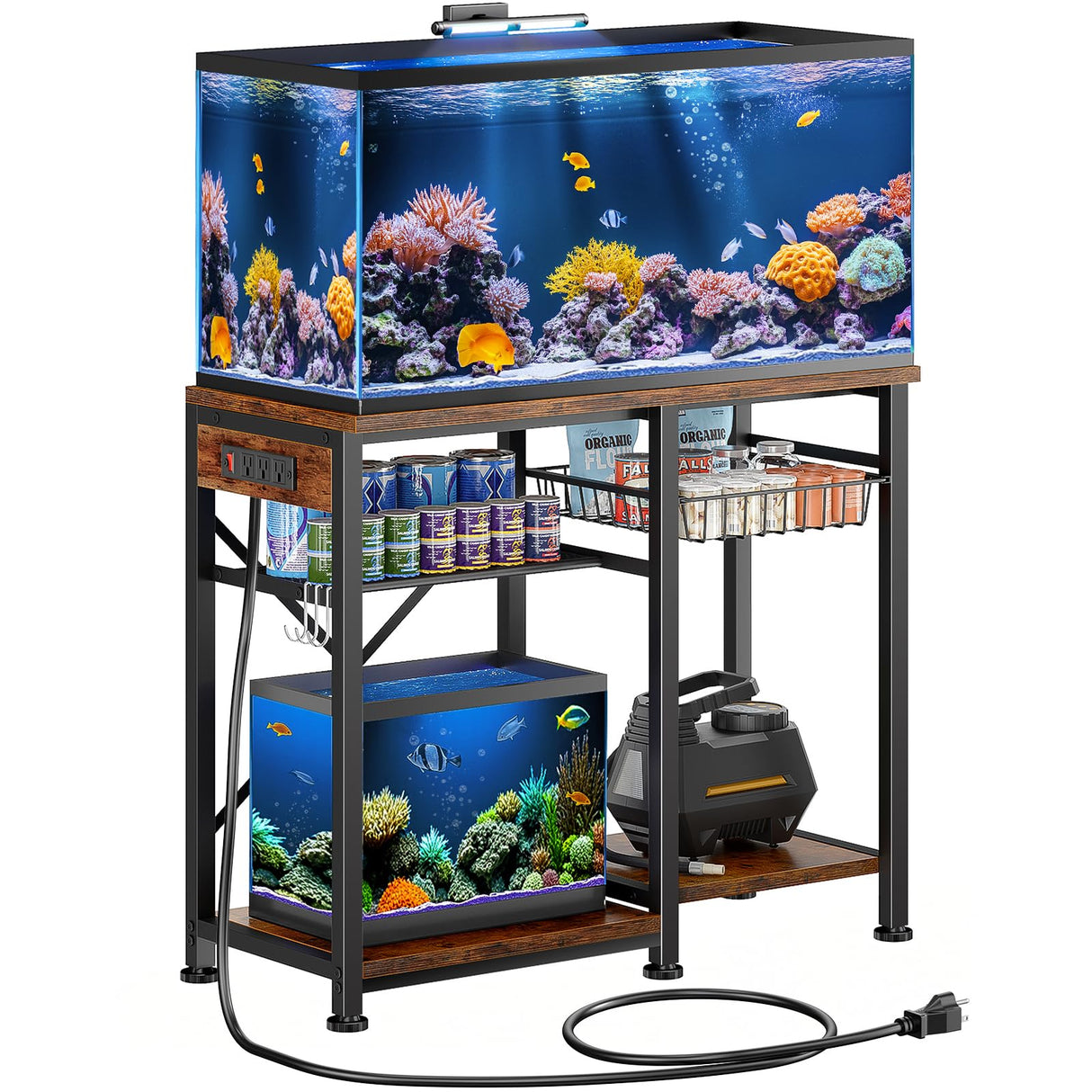 20-29 Gallon Aquarium Stand with 6 ft Power Strip, 5-Tier Metal Frame Fish Tank Stand 20 Gallon Fish Tank Stand 31.5" L*15.75" W Tabletop 400lbs Capacity (Vintage Brown, 20-29 Gallon) Kalrin