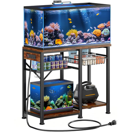 20-29 Gallon Aquarium Stand with 6 ft Power Strip, 5-Tier Metal Frame Fish Tank Stand 20 Gallon Fish Tank Stand 31.5" L*15.75" W Tabletop 400lbs Capacity (Vintage Brown, 20-29 Gallon) Kalrin