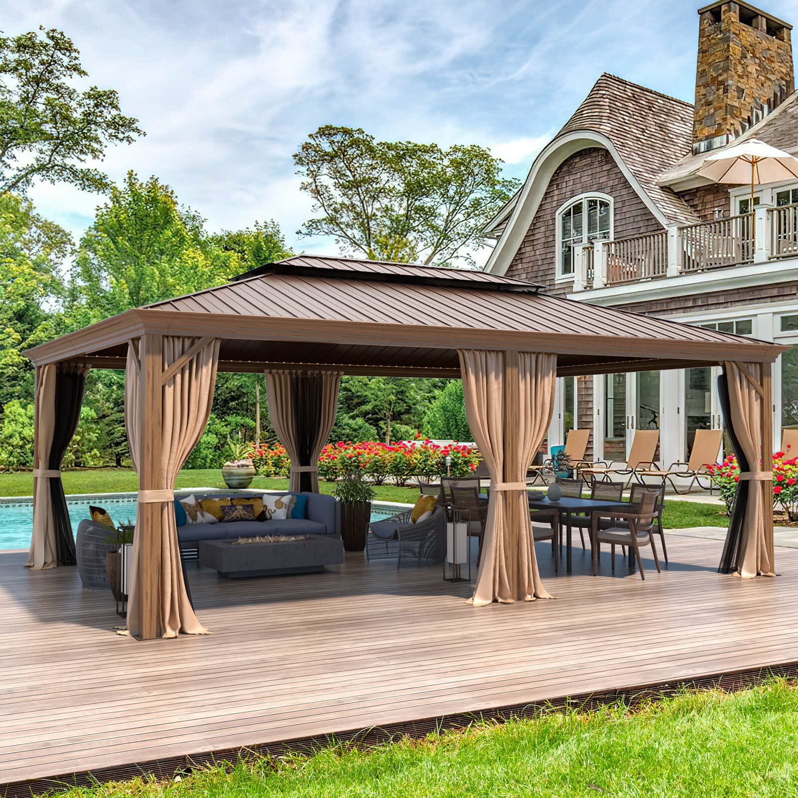 MELLCOM 14' x 20' Hardtop Gazebo, Wooden Finish Coated Aluminum Frame Gazebo with Galvanized Steel Double Roof, Brown Metal Gazebo with Curtains and Nettings for Patios, Gardens, Lawns - WoodArtSupply