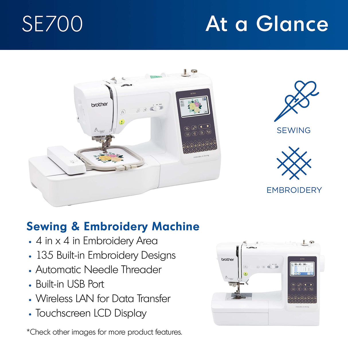 Brother SE700 Sewing and Embroidery Machine, Wireless LAN Connected, 135 Built-in Designs, 103 Built-in Stitches, Computerized, 4" x 4" Hoop Area, 3.7" Touchscreen Display, 8 Included Feet, White Brother