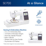 Brother SE700 Sewing and Embroidery Machine, Wireless LAN Connected, 135 Built-in Designs, 103 Built-in Stitches, Computerized, 4" x 4" Hoop Area, 3.7" Touchscreen Display, 8 Included Feet, White Brother