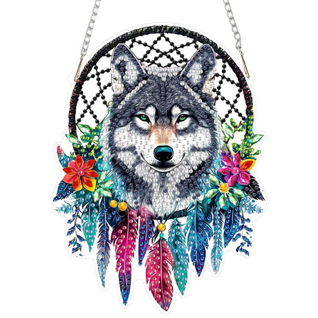 SENQAO Wolf Diamond Art Hanging Kit for Adult, Special Shaped Rhinestone, Double Sided DIY Acrylic Diamond Art Painting Window Pendants Home Garden Wall Hanging Kits Hanging Ornament (Dream Catcher) SENQAO