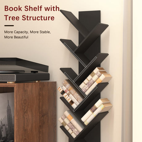 Azaeahom 8 Tier Tree Bookshelf, Wood Bookcase with Storage Cabinet, Modern Tall Narrow Bookshelves Organizer, Floor Standing Book Shelf for Bedroom/Living Room/Home Office/Corner (Black, 8 Tier) Azaeahom