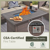 SUNSITT Outdoor Patio Furniture Set with Fire Pit Table 7 Piece Wicker Conversation Set with 43in Propane Firepit Sectional Dining Set 3 Seat Sofa Couch with Ottoman, Brown Wicker & Beige Cushion SUNSITT
