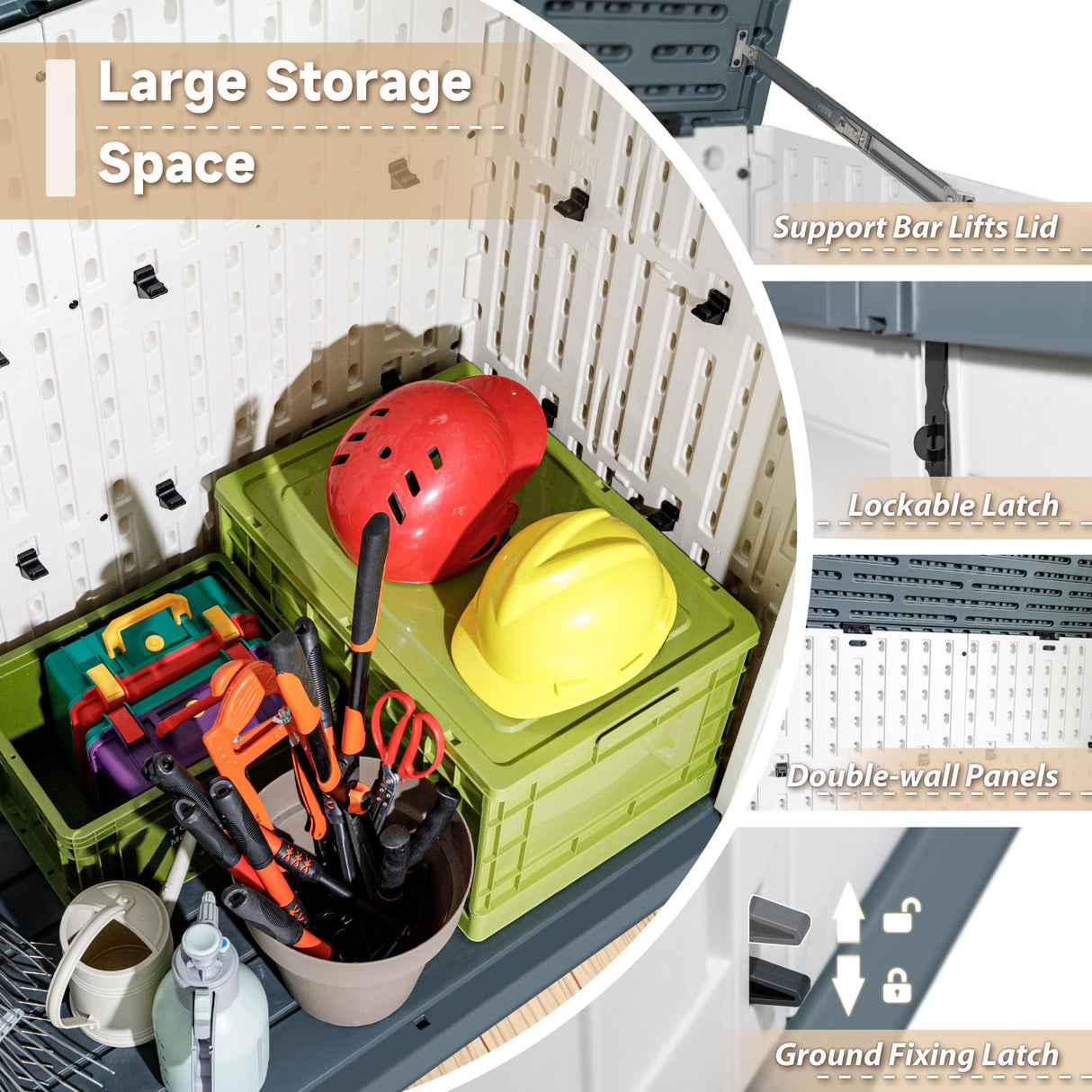 Devoko Resin Outdoor Storage Shed, 34 Cu Ft Outdoor Storage Cabinet Without Shelf, Waterproof, Double Locks, Resin Storage for Trash Can, Garden Tools, Pool Supplies (Beige) Devoko