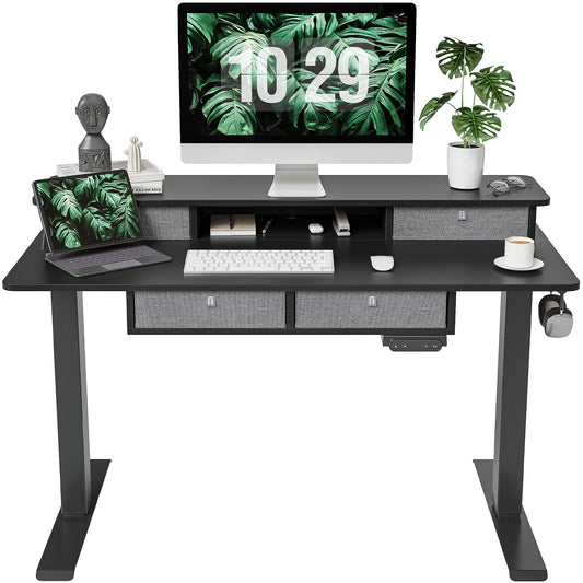 FEZIBO Sturdy Height Adjustable Electric Standing Desk with Drawers, 48 x 24 Inch Stand Up Table with Large Storage Shelf, Sit Stand Desk, Black Top - WoodArtSupply