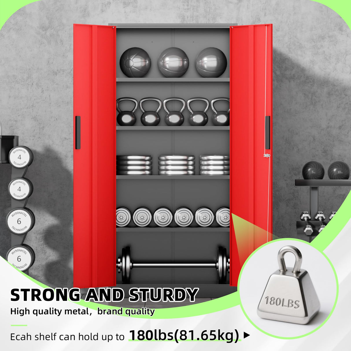 Bonusall 72" Metal Garage Storage Cabinet, 2 Locking Doors & 4 Adjustable Shelves Tall Storage, Heavy Duty Steel Tool Cabinet for Home, Office, Warehouse, School (Black Red) Bonusall