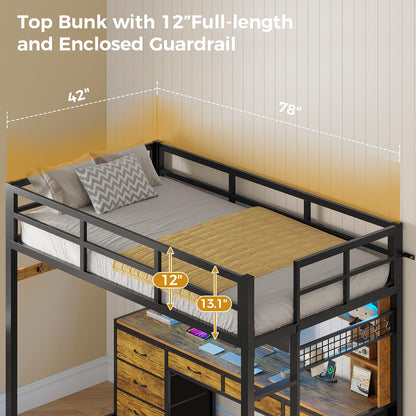 ADORNEVE Twin Loft Bed with Desk and 8 Storage Drawers, Metal Loft Bed Twin Size with LED Lights & Charging Sation, LED Loft Bed with 6 Storage Shelves & Clothes Rail, Full-Length Guardrail, Black