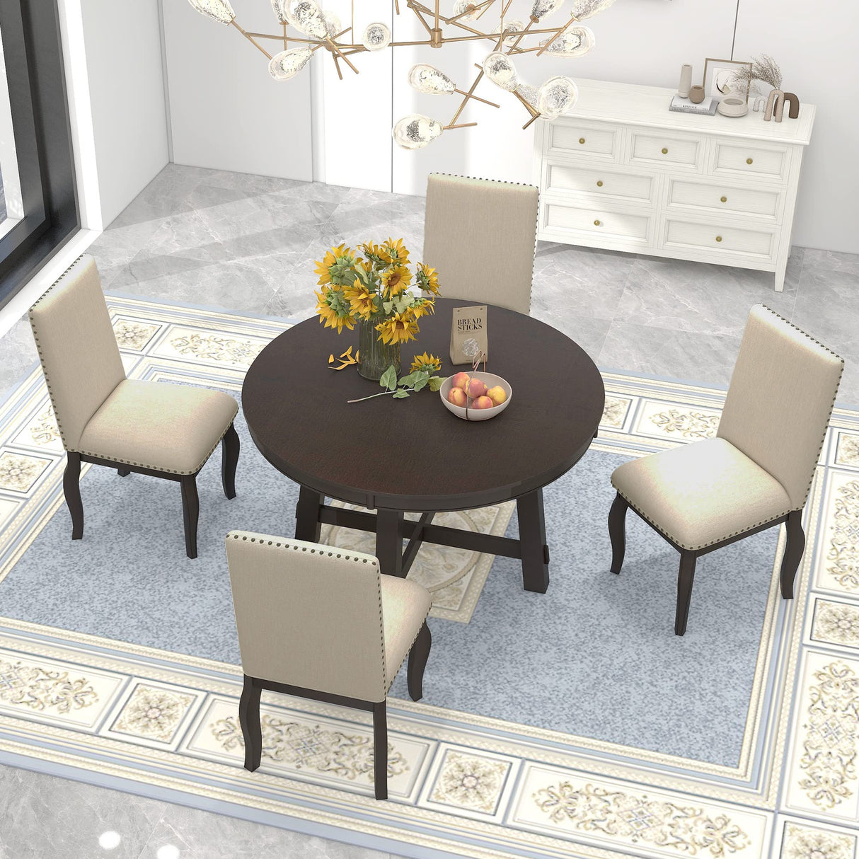 Harper & Bright Designs Round Kitchen Dining Table Set for 4, 5 Piece Farmhouse Wood Round Extendable Dining Table & 4 Upholstered Dining Chairs, Espresso (ST000074AAP-MZJ) Harper & Bright Designs