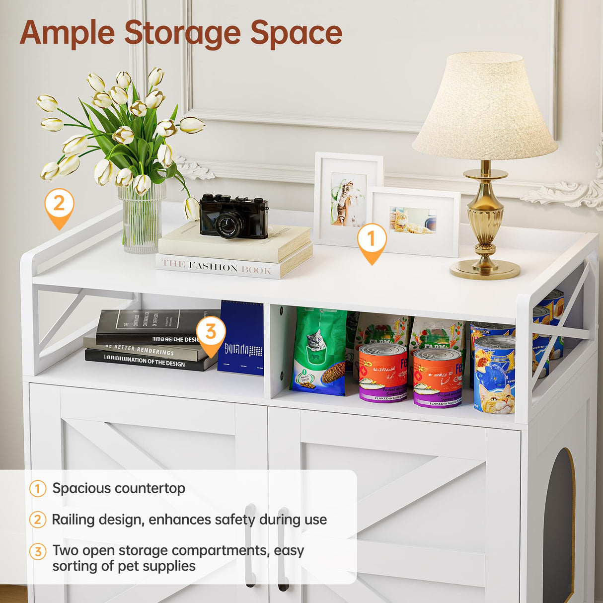 OtterOasis Cat Litter Box Enclosure, Ultra-Large Hidden Litter Box Furniture with Top Opening, Anti-Tipping Fence and 2 Open Drawers, Litter Box Cabinet End Table, White OtterOasis