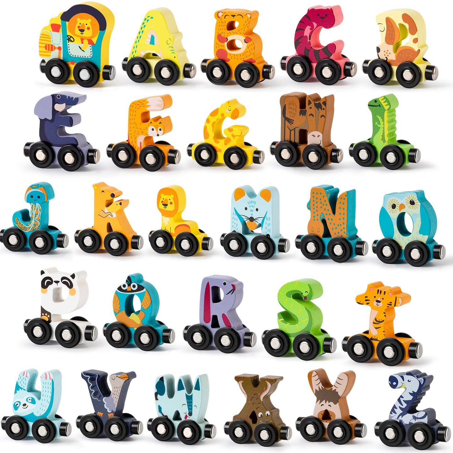 Atoylink Wooden Train Set for Toddler Toys Aged 3-5, 27 Pcs Large Magnetic Alphabet Animals ABC Learning Train Toy Kids Educational Montessori Toys for 3 4 5 Year Old Boys Girls Birthday Gift - WoodArtSupply