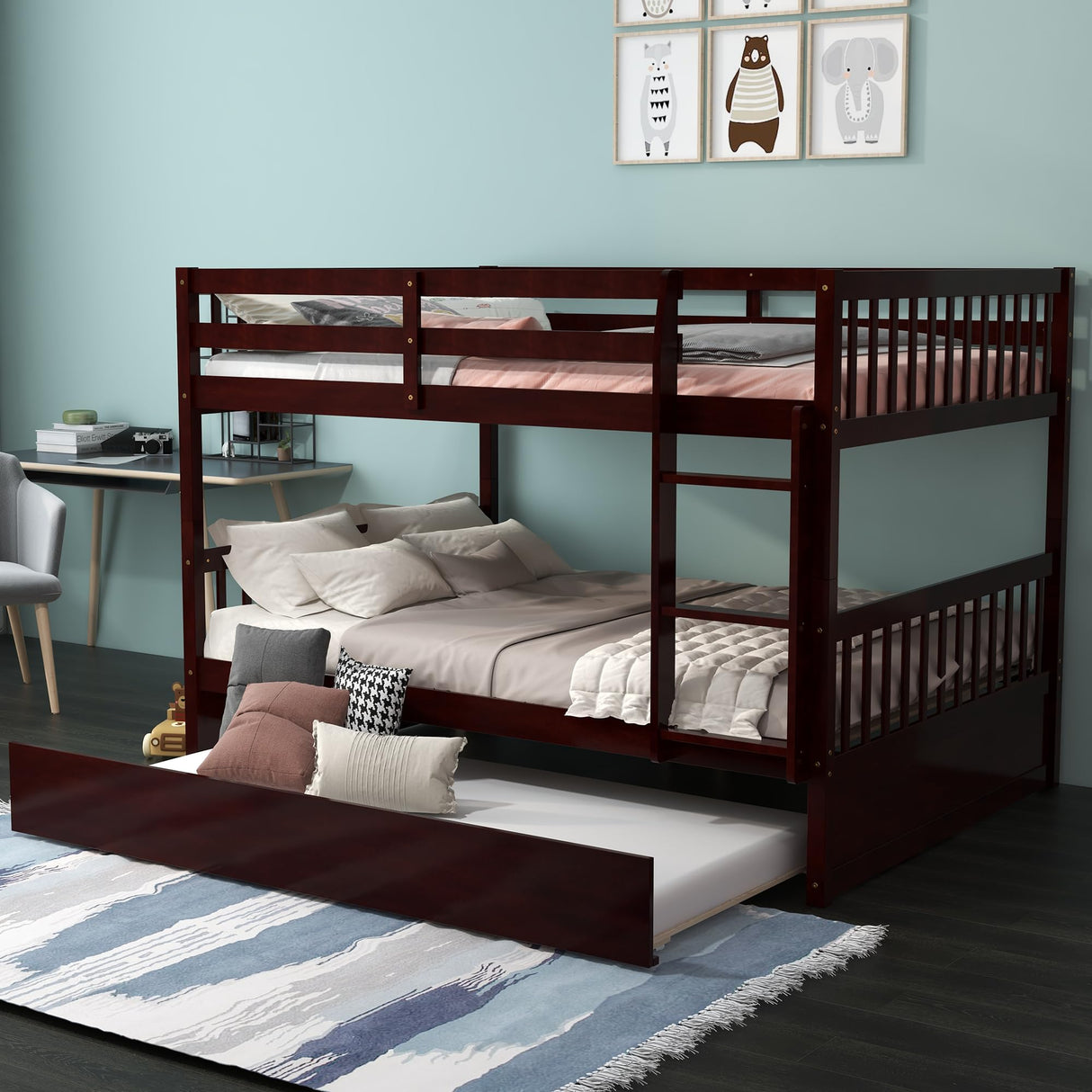 KOMFOTT Solid Wood Full Over Full Bunk Bed with Trundle and Ladder – Space-Saving Design for Teens and Adults KOMFOTT