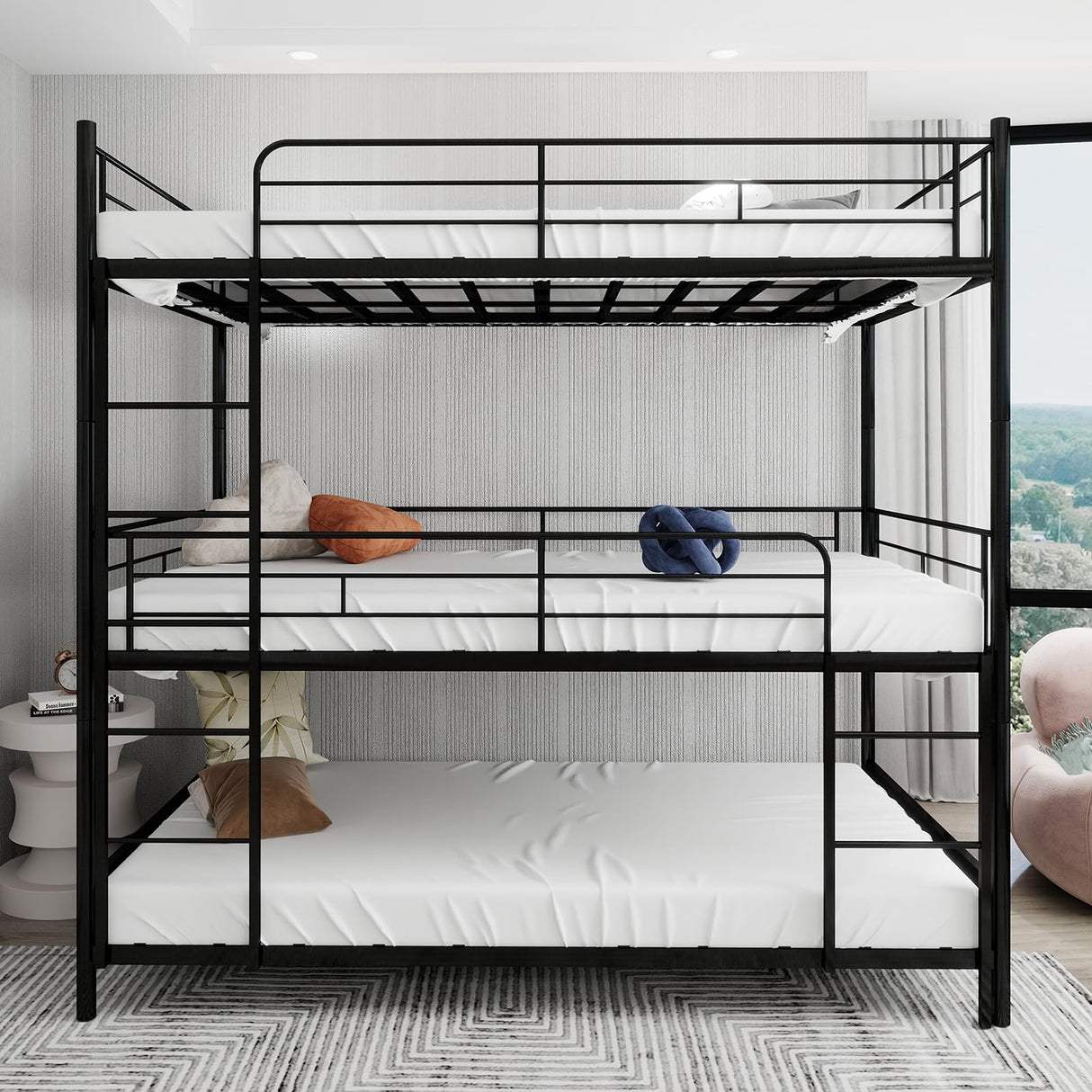 QSOSTNS Metal Triple Bunk Bed, Twin Over Twin Bunk Bed Frame with Side Ladder and Safety Fence, Suitable for Bedrooms, No Box Spring Required, Teens & Adults Bunk Bed, Metal Bunkbeds QSOSTNS