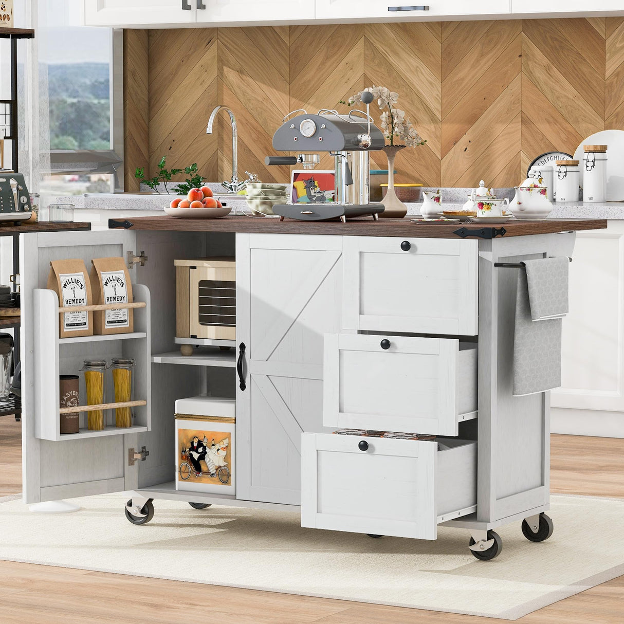 Merax 54.5" Wood Kitchen Cart Island on Wheels with Power Outlet,Drop Leaf and 3 Side Drawers,Farmhouse Style Storage Cabinet for Dining Room Merax