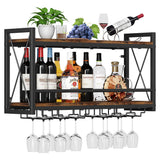 Homeiju Wall Mounted Wine Rack, Bottle & Glass Holder Wood-Metal Retro Wine Rack, Wine Bottles Display Wall Storage for Kitchen Dining Room Home Bar Homeiju
