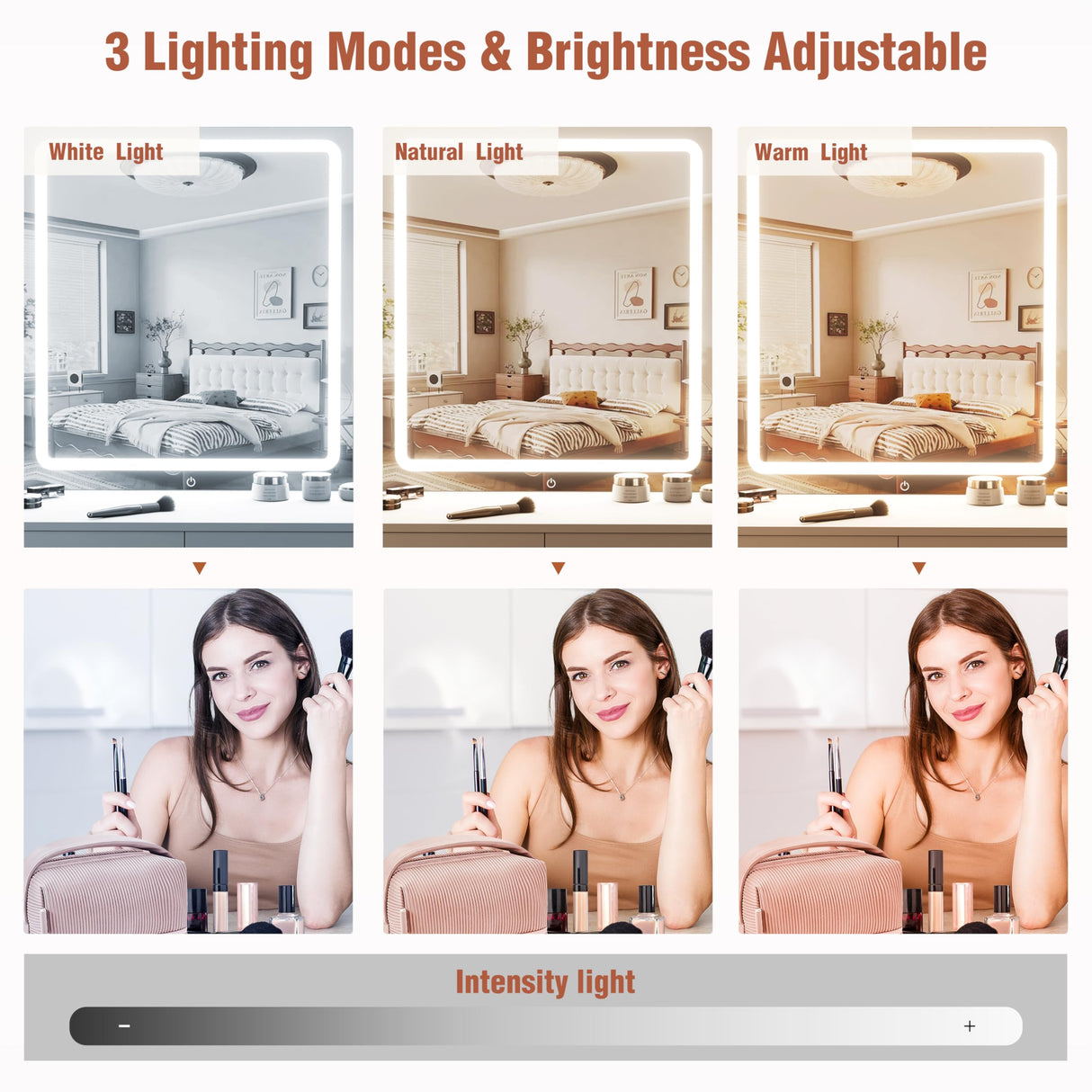 YIKEHOME Vanity with Lighted Mirror, Makeup Vanity Desk with Power Outlet, 3 Color Lights, Adjustable Brightness, Vanity Table with 6 Shelves, 2 Drawers and Stool, White YIKEHOME