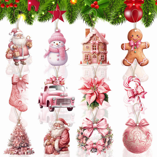 24 Pieces Vintage Pink Christmas Wooden Ornaments Hanging Christmas Tree Ornaments Pink Snowman Santa Christmas Tree Wood Cutouts Tags with Ropes for Christmas Tree Winter Holiday Home Decor