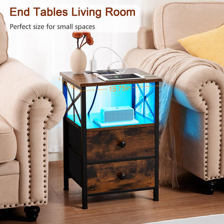 AMHANCIBLE Night Stand Set 2, LED Nightstand with Charging Station, End Tables Living Room with Fabric Drawers, Bedside Table for Bedroom, Rustic Brown, HET052LBR AMHANCIBLE