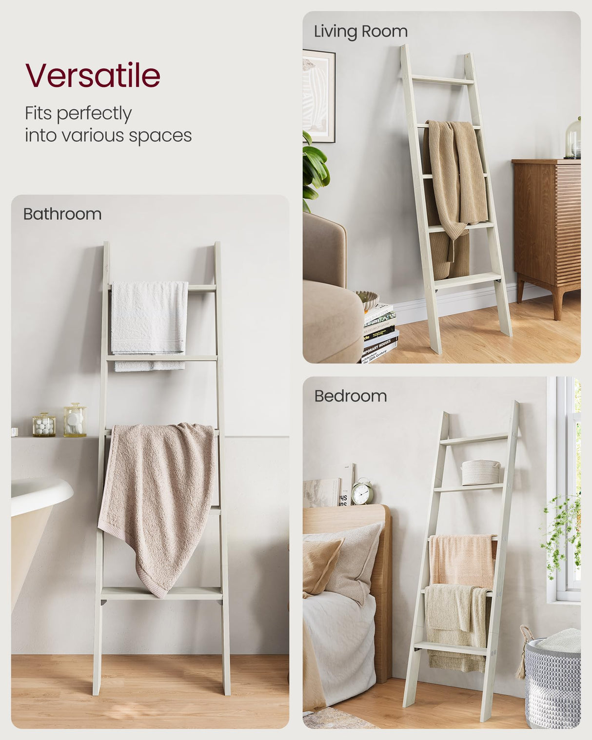 VASAGLE Blanket Ladder Decorative Farmhouse for The Living Room, 5-Tier Ladder Shelf, Ladder Rack for Storage and Decor, Rustic White ULLS018W73 VASAGLE