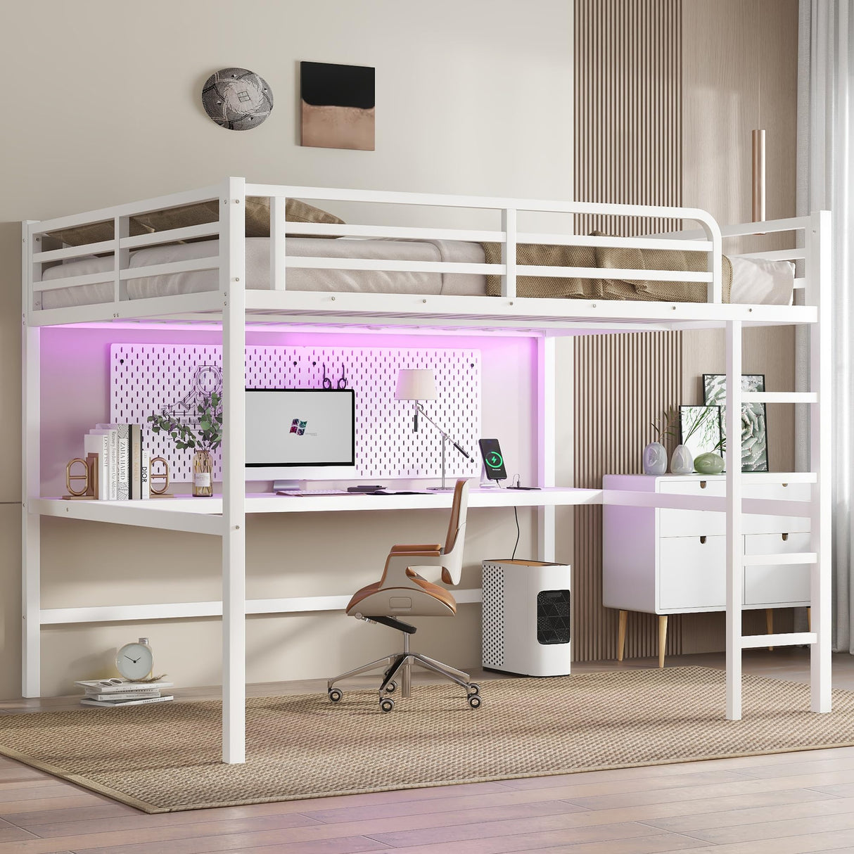 Sailret Metal Loft Bed Frame with Desk, Power Outlet & USB Charging, LED Lights, Noise-Free Sturdy High Loft Dorm Bed with Guardrails & Ladder, Space-Saving Design -Queen, White Sailret