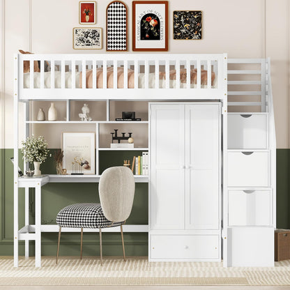 Twin Loft Bed with Desk, Bookshelf, Storage & Stairs by Harper & Bright Designs - Solid Wood in White - WoodArtSupply