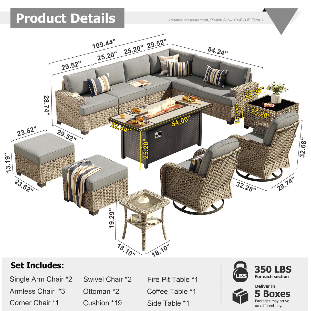 HOOOWOOO Outdoor Sectional Patio Furniture Set with Fire Pit Table,13 Pieces Wicker Conversation Sets L Shaped Couch,Extra Deep Out Door Sofa Outside Furniture with Swivel Chairs Ottoman,Charcoal Gray HOOOWOOO