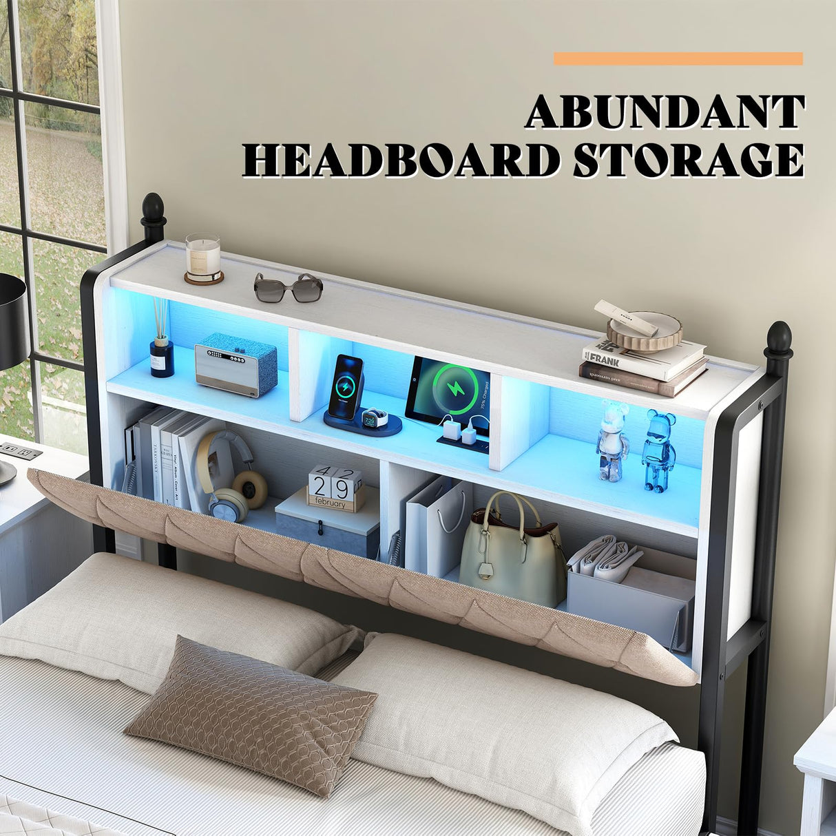 AMERLIFE Queen Bed Frame with Bookcase Headboard and 4 Storage Drawers, Wooden Platform Bed with Charging Station and LED Light, No Box Spring Needed/Noise-Free, White AMERLIFE