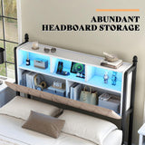 AMERLIFE Queen Bed Frame with Bookcase Headboard and 4 Storage Drawers, Wooden Platform Bed with Charging Station and LED Light, No Box Spring Needed/Noise-Free, White AMERLIFE