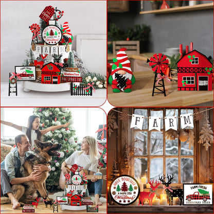 17 Pcs Christmas Tiered Tray Decor Christmas Decorations Christmas Tree Truck Elk Gnome Wood Sign Xmas Table Centerpiece Farmhouse Rustic Table Decor for Winter New Year Home Tabletop - WoodArtSupply