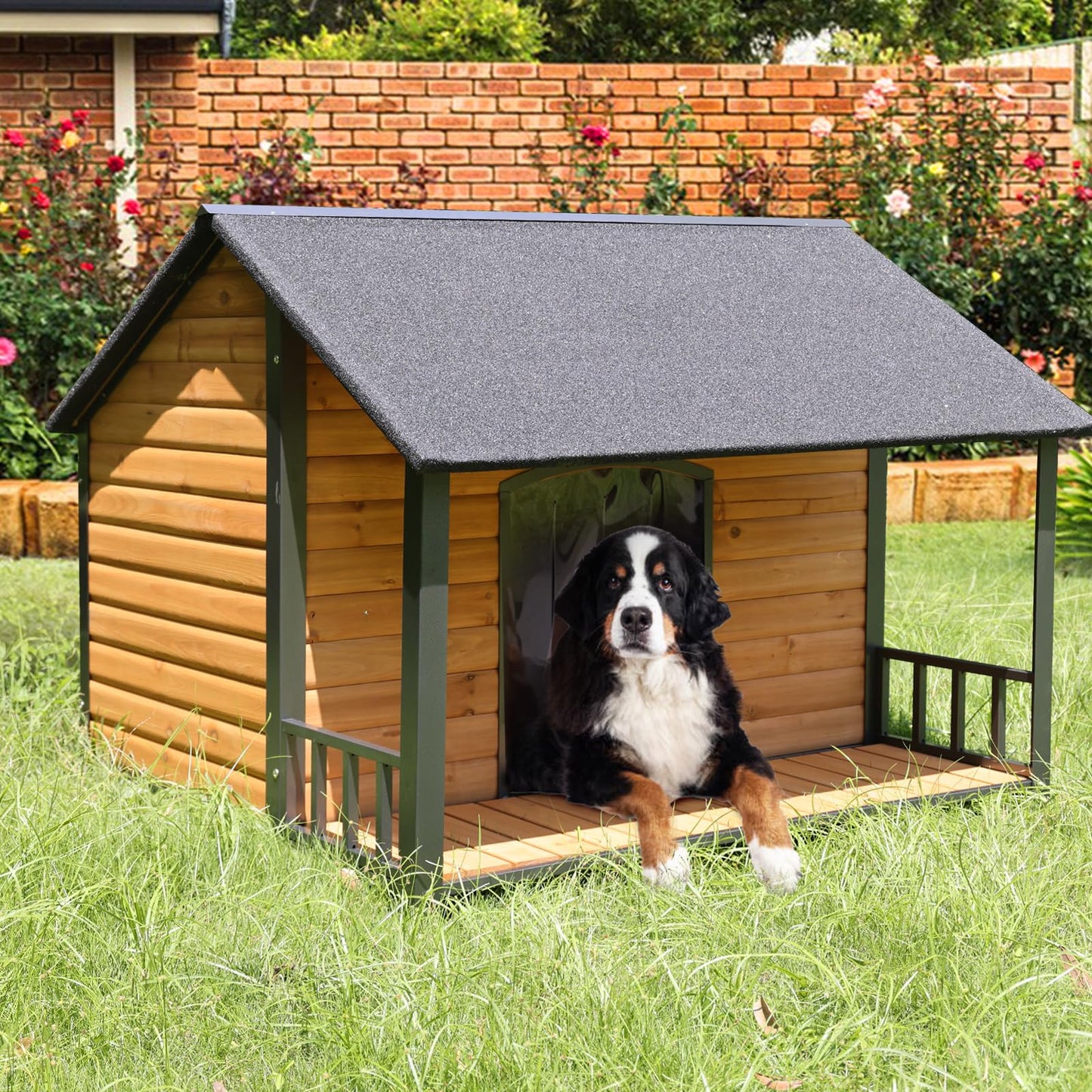 MEDEHOO Outdoor Weatherproof Dog House - Easy to Assemble Puppy Shelter with All-Around Iron Frame & Fir Wood - Ideal for Large Dog Breed - WoodArtSupply