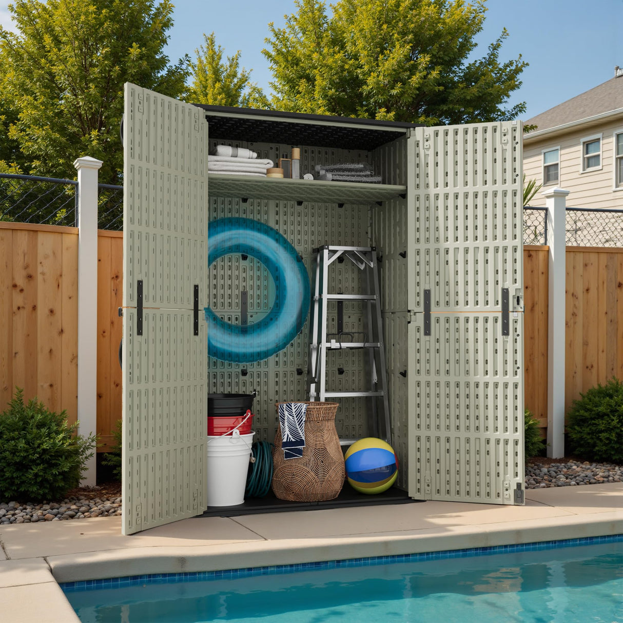 Devoko 50 cu.ft Outdoor Storage Cabinet - Vertical Resin Storage Shed - Holds Patio Furniture, Pool Toys, Garden Tools (Beige) Shelf Not Included Devoko