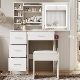 Vanity Desk Set with LED Lighted Mirror & Power Outlet, Makeup Vanity with Chair & 4 Drawers, Vanity Table with Sliding Mirror, Vanity Set 3 Lighting Modes Brightness Adjustable Duoku