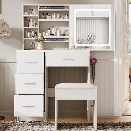 Vanity Desk Set with LED Lighted Mirror & Power Outlet, Makeup Vanity with Chair & 4 Drawers, Vanity Table with Sliding Mirror, Vanity Set 3 Lighting Modes Brightness Adjustable Duoku