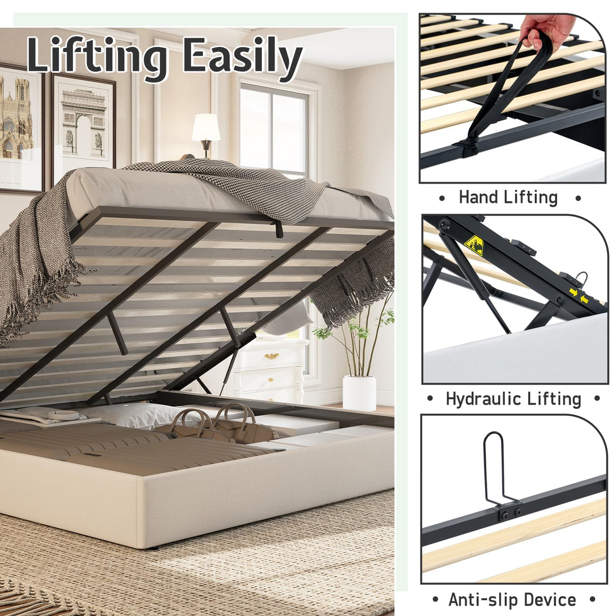 Jocisland King Size Lift Up Storage Bed Frame, Linen Upholstered Platform Bed with Vertical Channel Tufted Headboard and Wingback, Hydraulic System, No Box Spring Needed, Wood Slats Support, White Jocisland