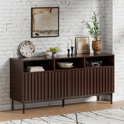 UEV Mid Century Modern Sideboard Buffet Cabinet with Storage, 61.4'' Fluted Sideboard Cabinet,Wood Buffet Cabinet with Metal Legs,Accent Credenza Storage Cabinet with 4 Doors and Spacious Top(Walnut)