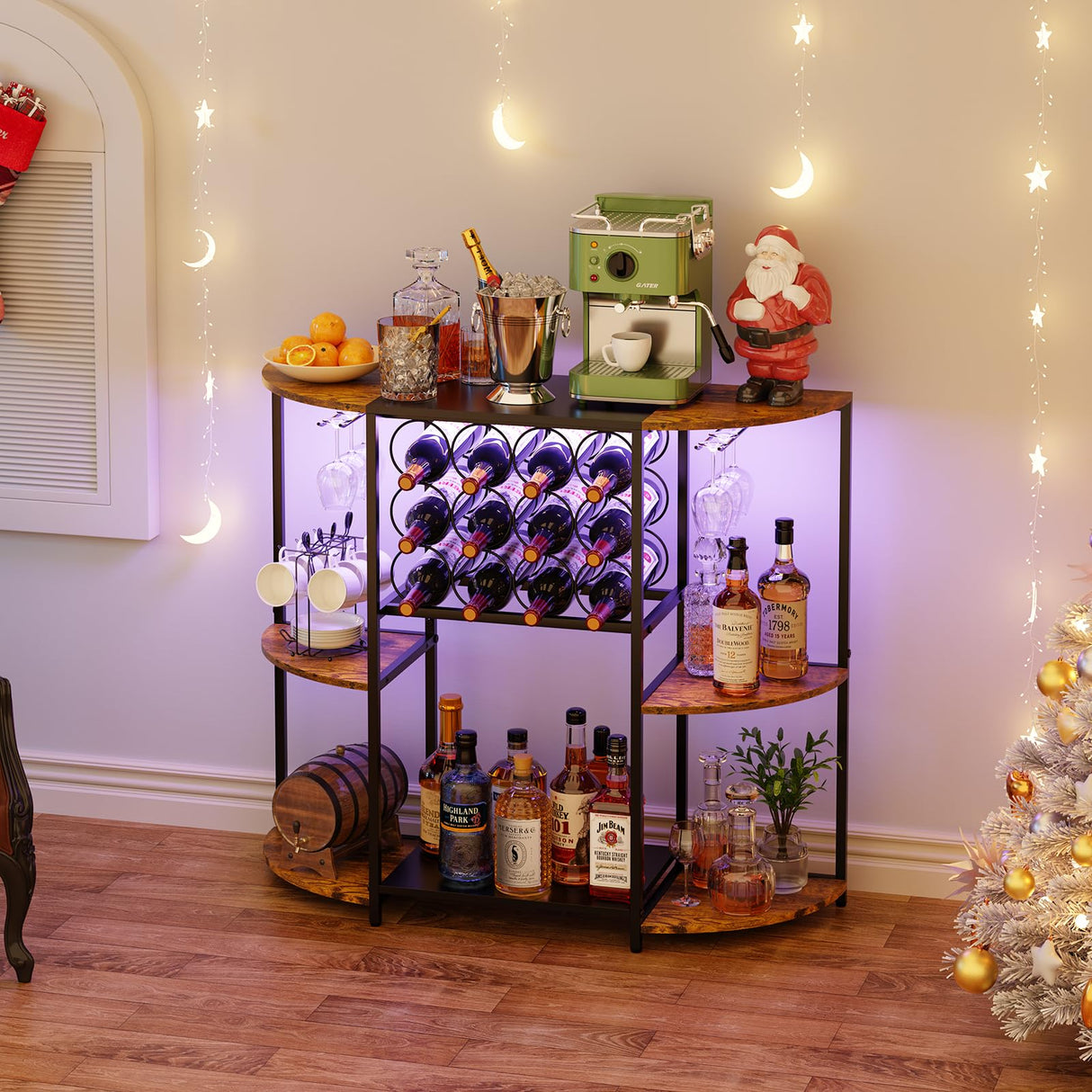 JKsmart Wine Bar Cabinet with LED Lights, Mini Wine Rack with Storage and Glass Holder, Home Mini Bar Cabinet for Liquor, 3-Tier Coffee Bar Storage for Kitchen, Dining Room, Living Room, Rustic Brown JKsmart